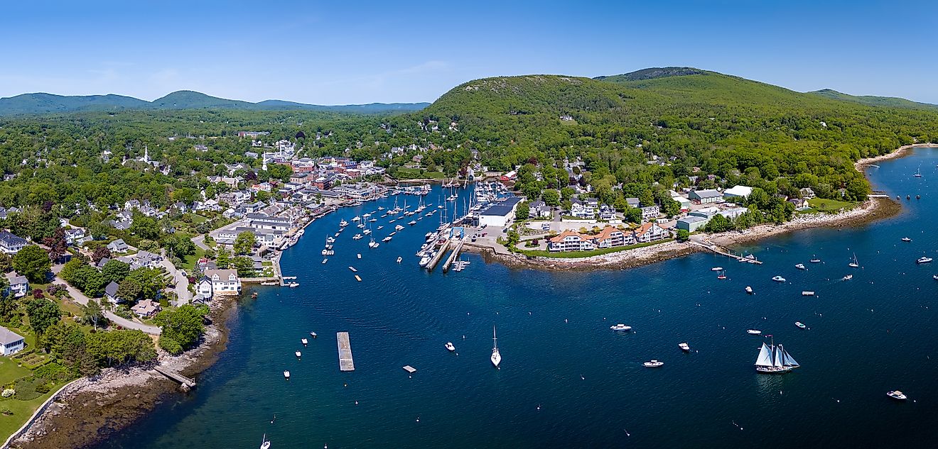 Aerial view of the Atlantic coast along Camden in Maine.