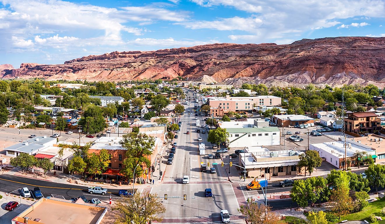 Aerial view of Moab, Utah, along Main Street.