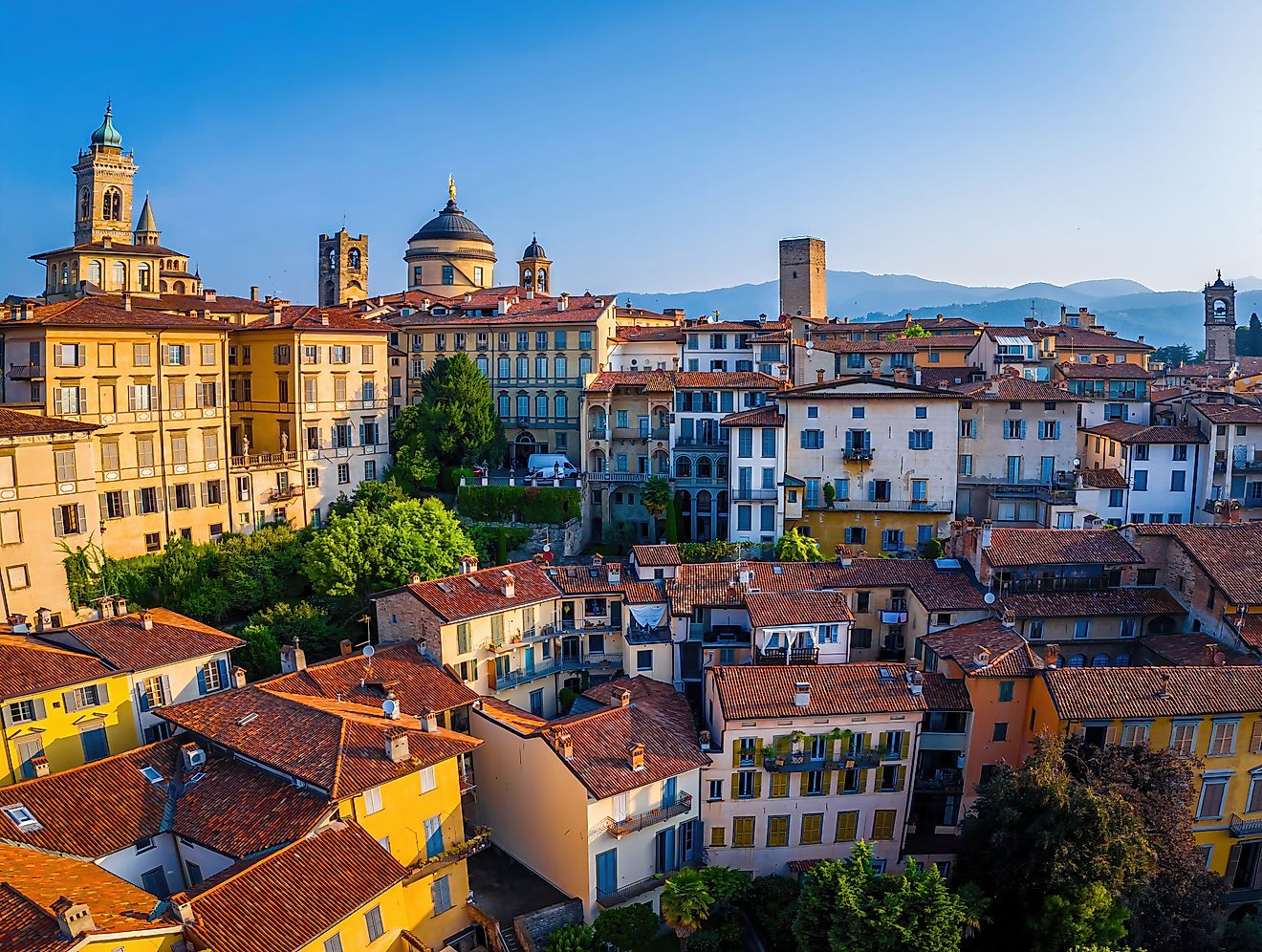 Aerial cityscape of Bergamo’s old town, Italy. 