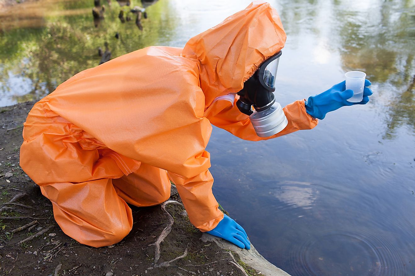 Expert collecting water sample for checking radioactive contamination of the water body. Image credit: Adam Gregor/Shutterstock.com