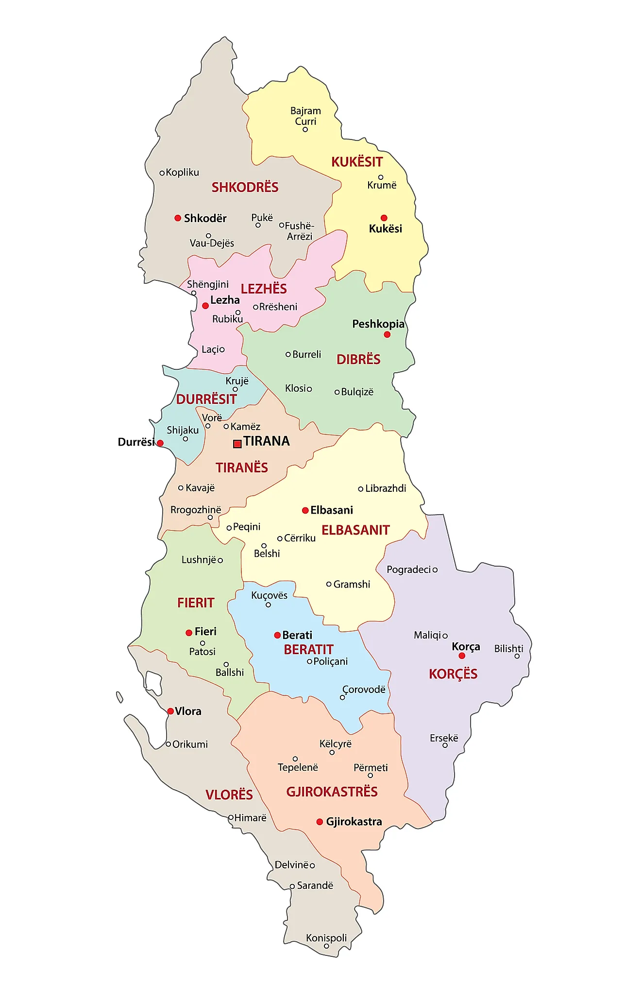 Political Map of Albania showing its 12 counties and the capital city of Tirana