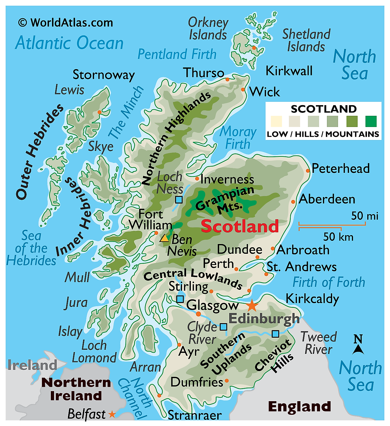 Physical Map of Scotland. It shows the physical features of Scotland, including mountain ranges, notable rivers and island groups. 