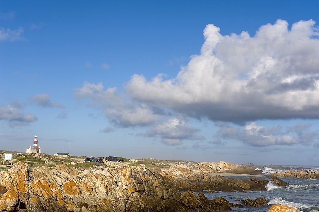 Cape Agulhas lighthouse at Cape Agulhas, the southernmost point in Africa. 