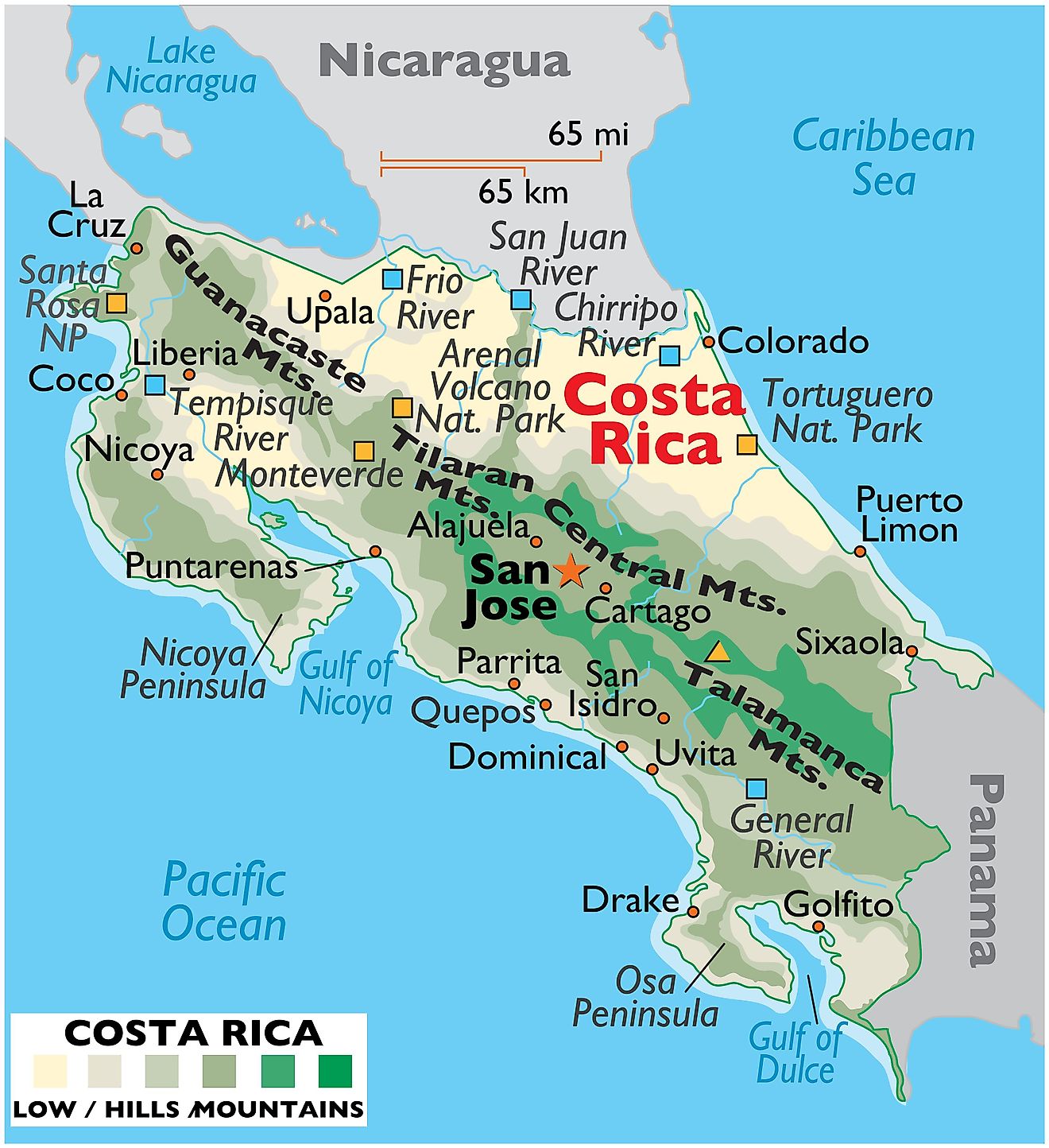 Mapa físico de Costa Rica que muestra el relieve, los principales ríos, las cadenas montañosas, el punto más alto, las ciudades importantes, las fronteras internacionales, etc.