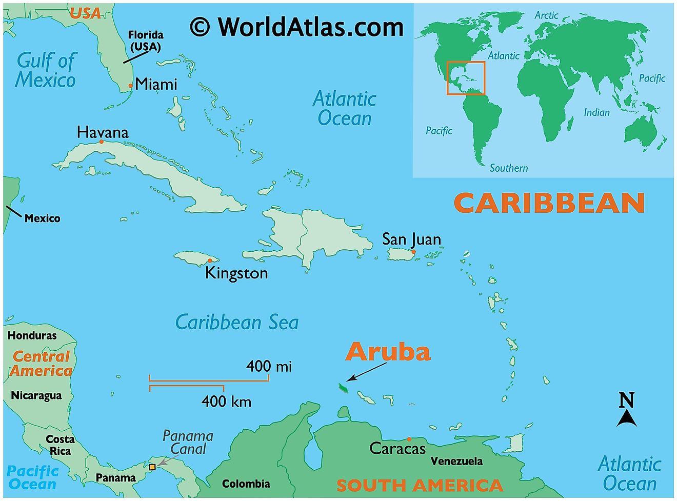 Mapa que muestra la ubicación de Aruba en el mundo.