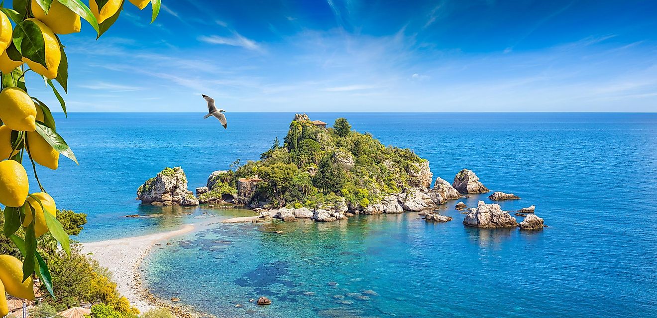 Isola Bella island off Sicily, Italy, in the Ionian Sea.