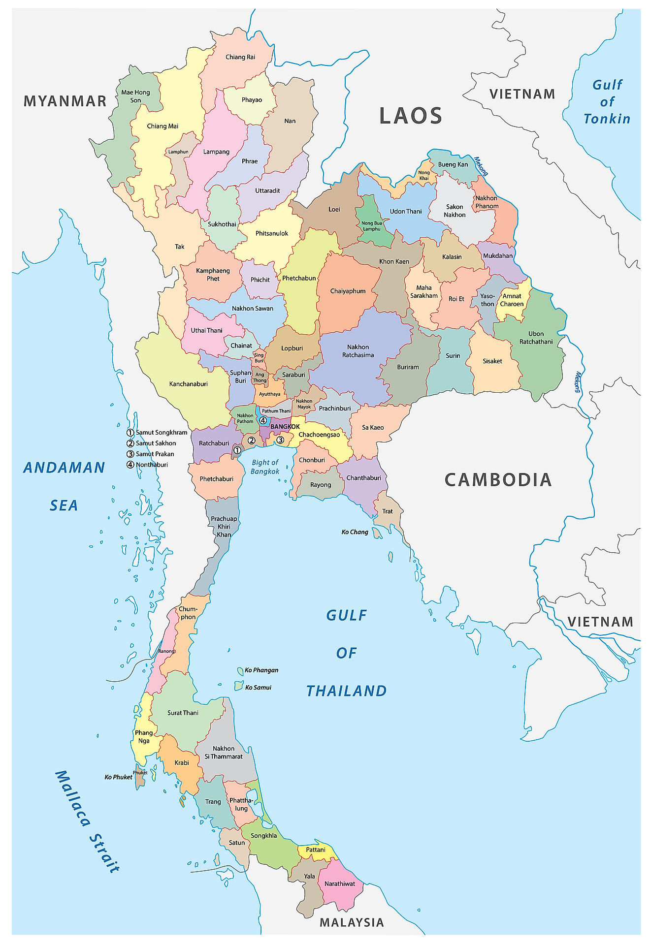Political Map of Thailand showing the 56 provinces and two specially governed districts including the capital of Bangkok.