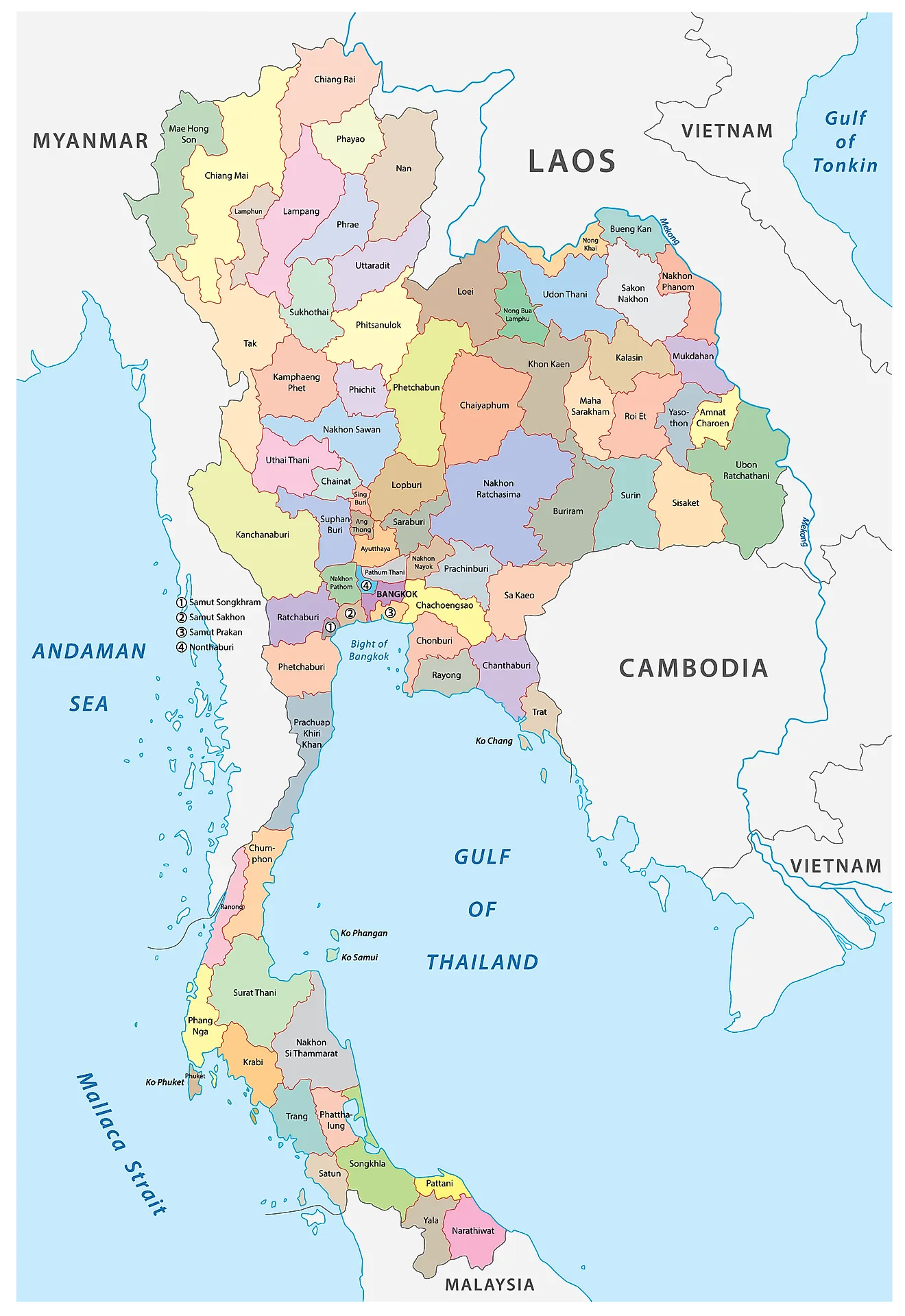 Mapa político de Tailandia que muestra las 56 provincias y dos distritos especialmente gobernados, incluida la capital de Bangkok.