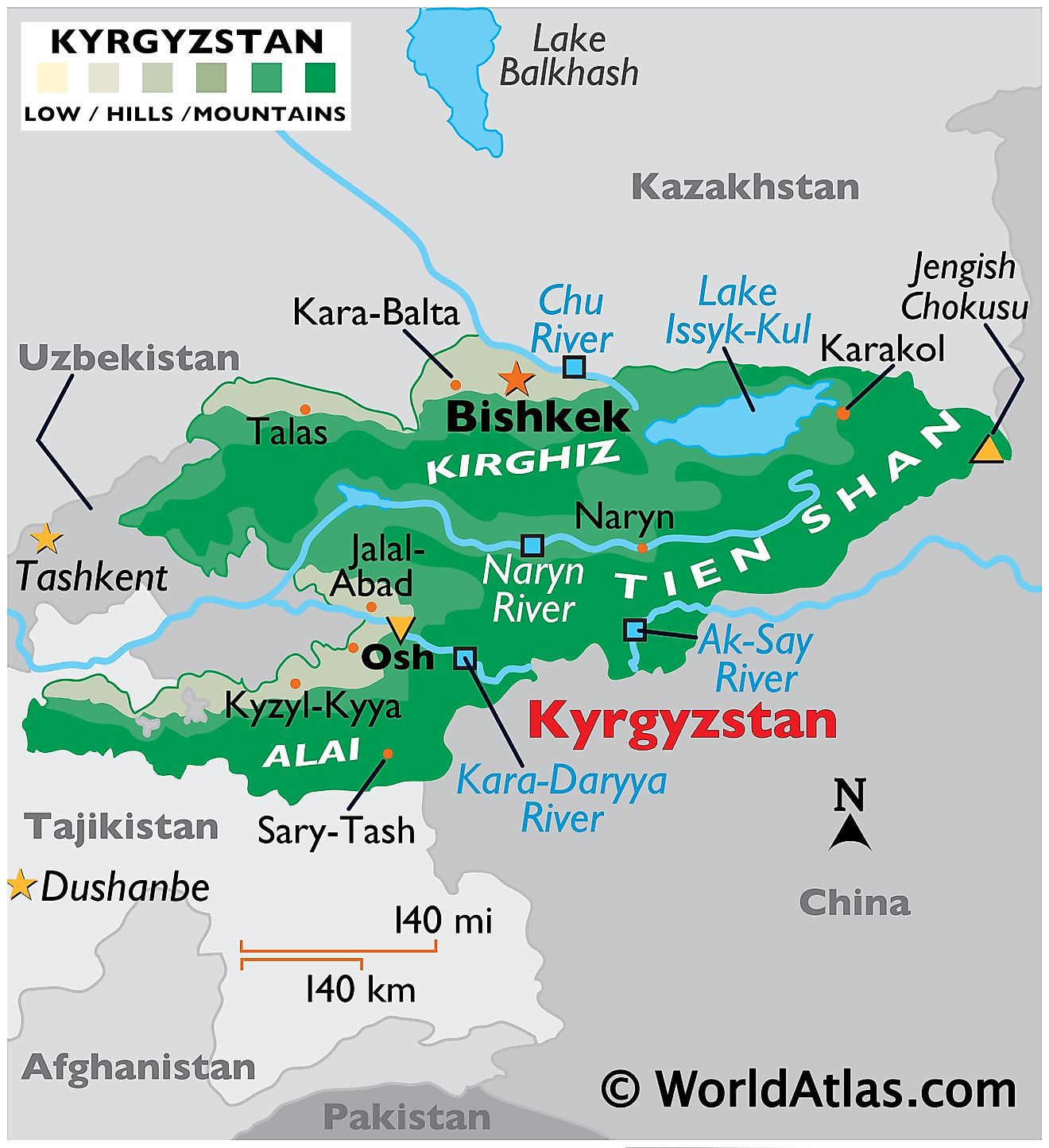 Mapa físico de Kirguistán que muestra el relieve, los puntos más altos y más bajos, las principales cadenas montañosas, los ríos, los centros urbanos importantes, etc.