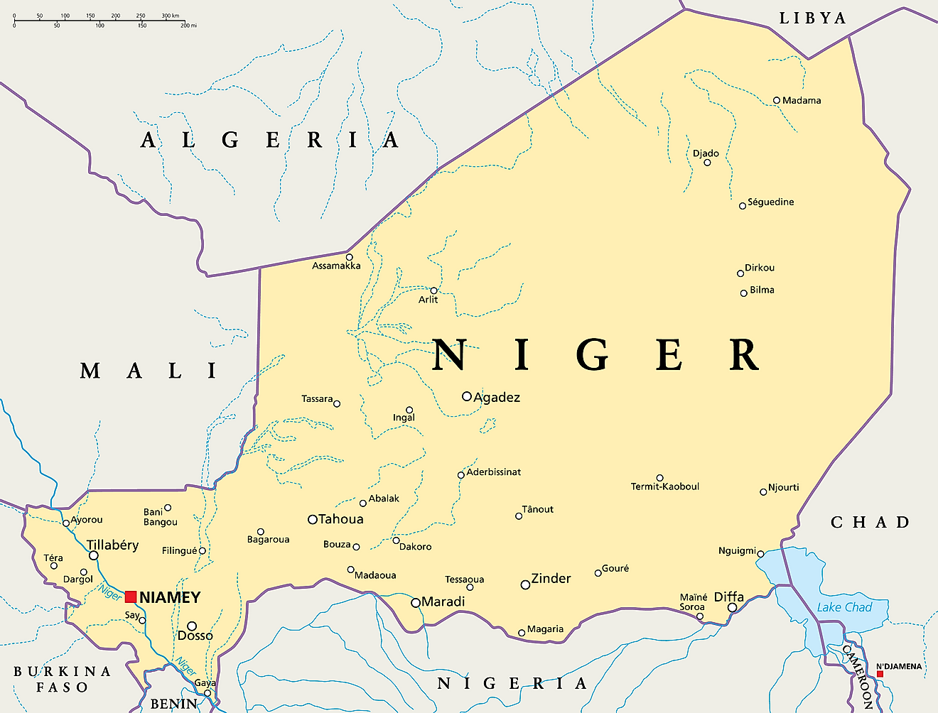 Map of Niger with bordering countries.