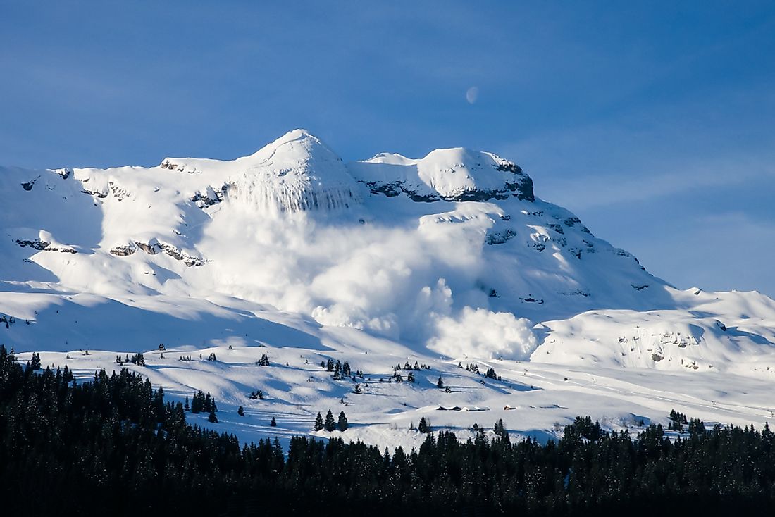 During an avalanche, large masses of snow dislodge from the mountainside. 