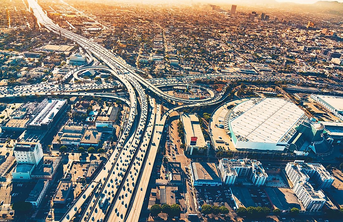High volumes of cars use Los Angeles's freeways. 