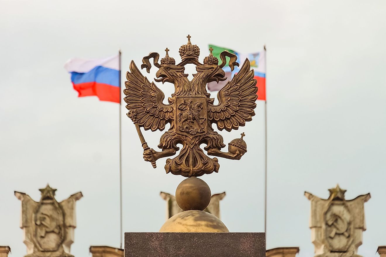 Coat of arms of the Russian Federation with the double-headed eagle, formerly associated with the Byzantine Empire. 