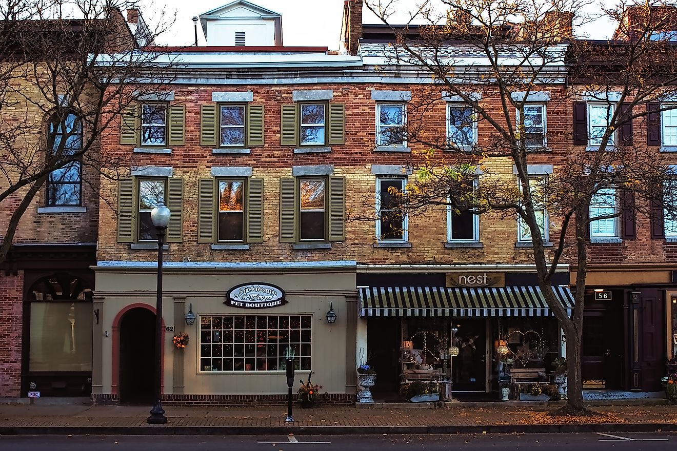 Skaneateles, New York, USA. November 4, 2022. Speciality shops along Route 20, the main street through the small , charming village of Skaneateles in upstate New York. Editorial Photo Credit: debra millet Shutterstock. 