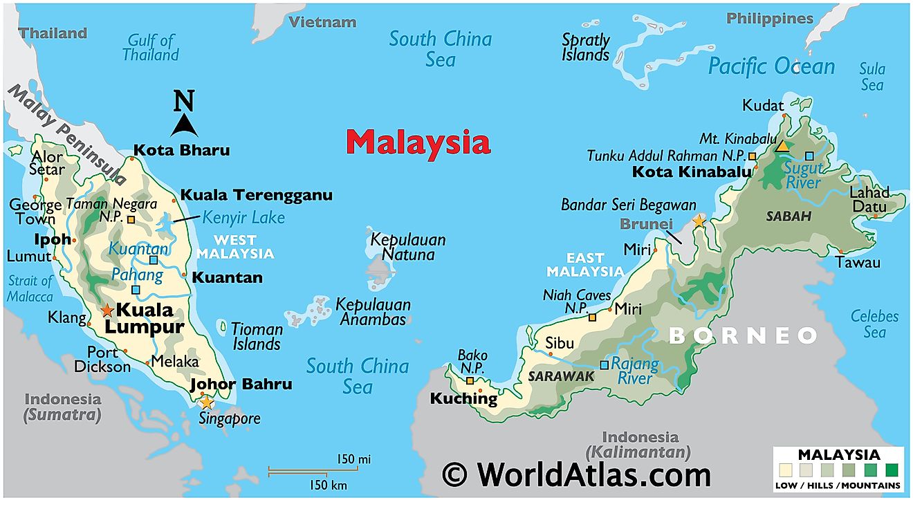 Mapa físico de Malasia que muestra los límites estatales, el relieve, los ríos principales, las ciudades importantes, las cuevas, los puntos extremos y los parques nacionales.