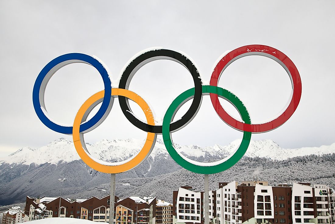 The Olympic rings at the Winter Olympics in Sochi. Editorial credit: evgenii mitroshin / Shutterstock.com. 