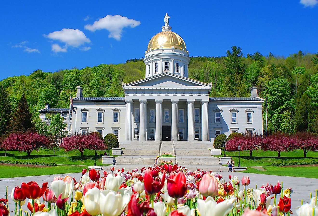 Vermont State House, Montpelier, Vermont, with tulips blooming. Image credit meunierd via Shutterstock