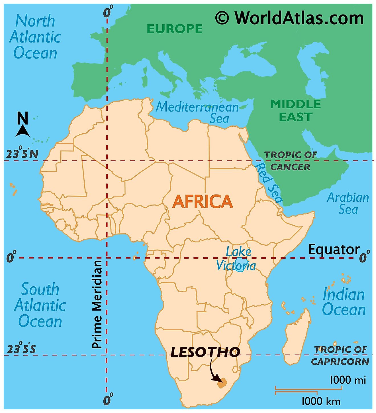 Map showing location of Lesotho in the world.
