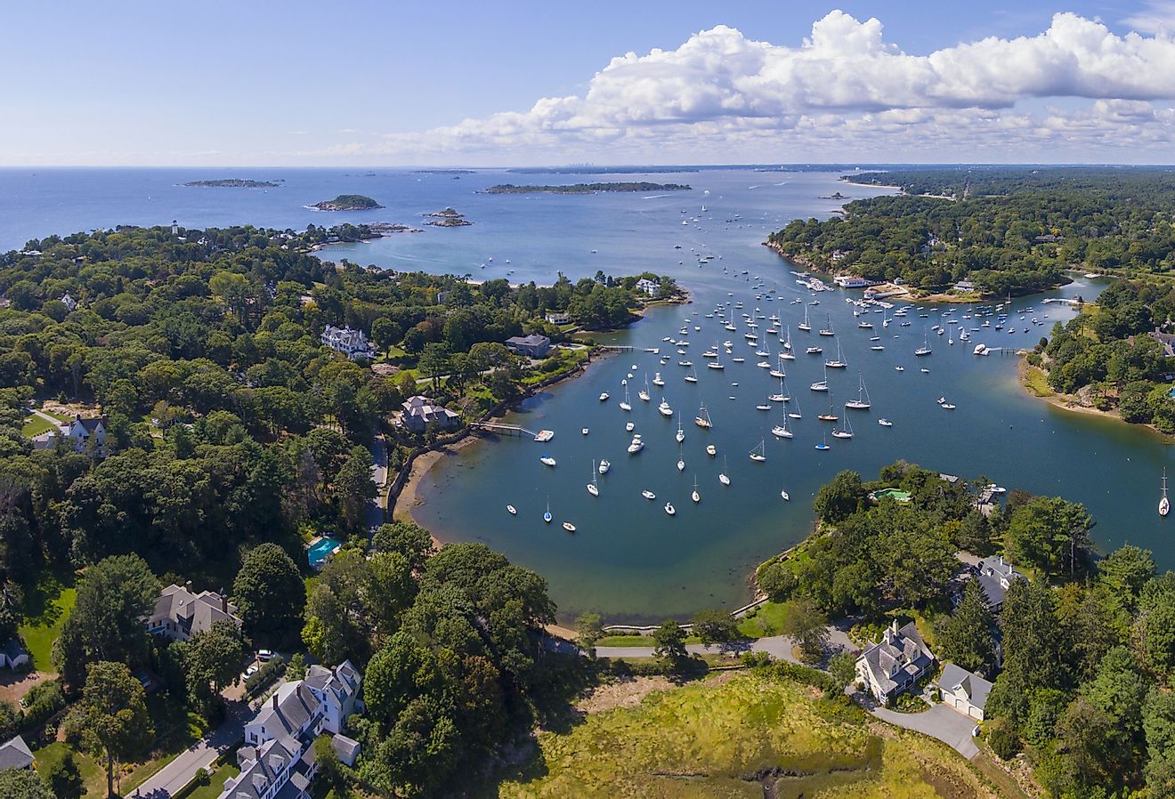Aerial view of Manchester Marina and harbor panorama, Manchester by the sea, Cape Ann, Massachusetts