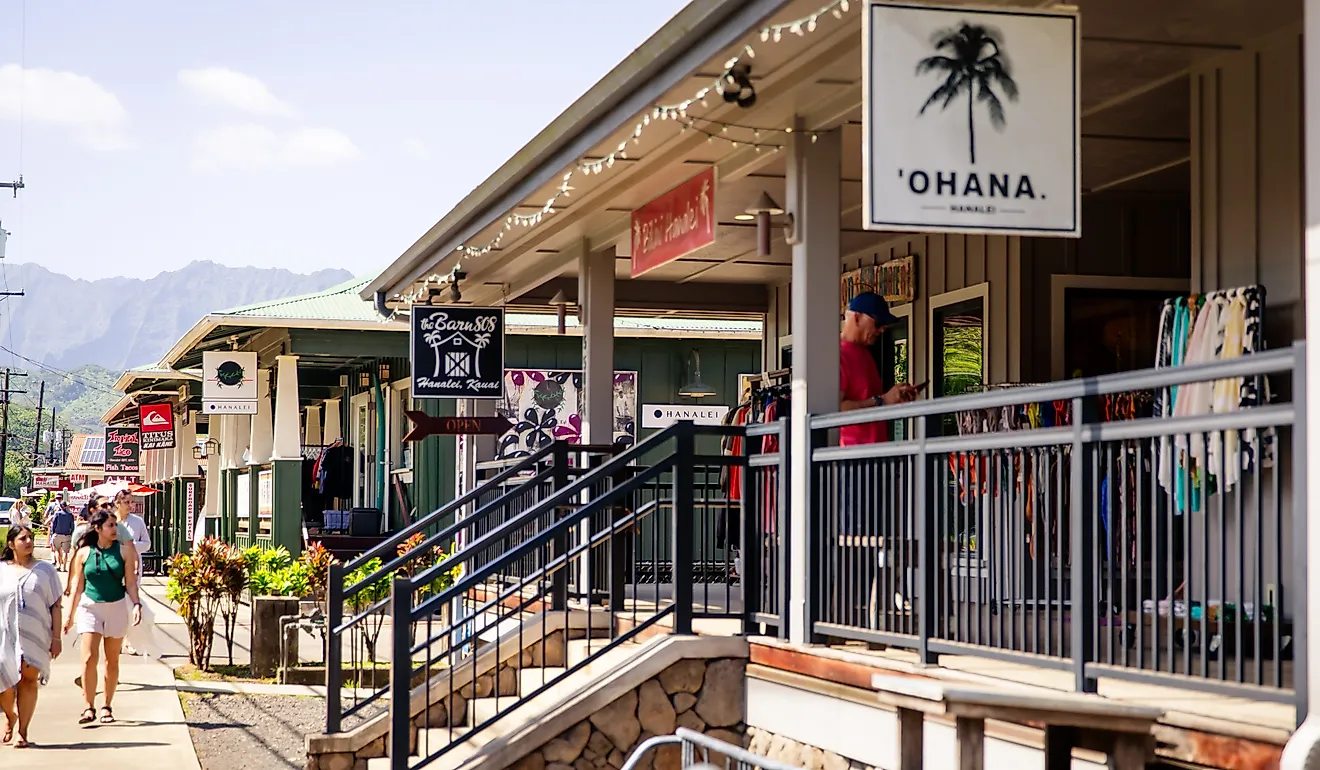 Downtown Hanalei, a beautiful town on the North Shore of the island of Kauai, Hawaii. Editorial credit: bluestork / Shutterstock.com
