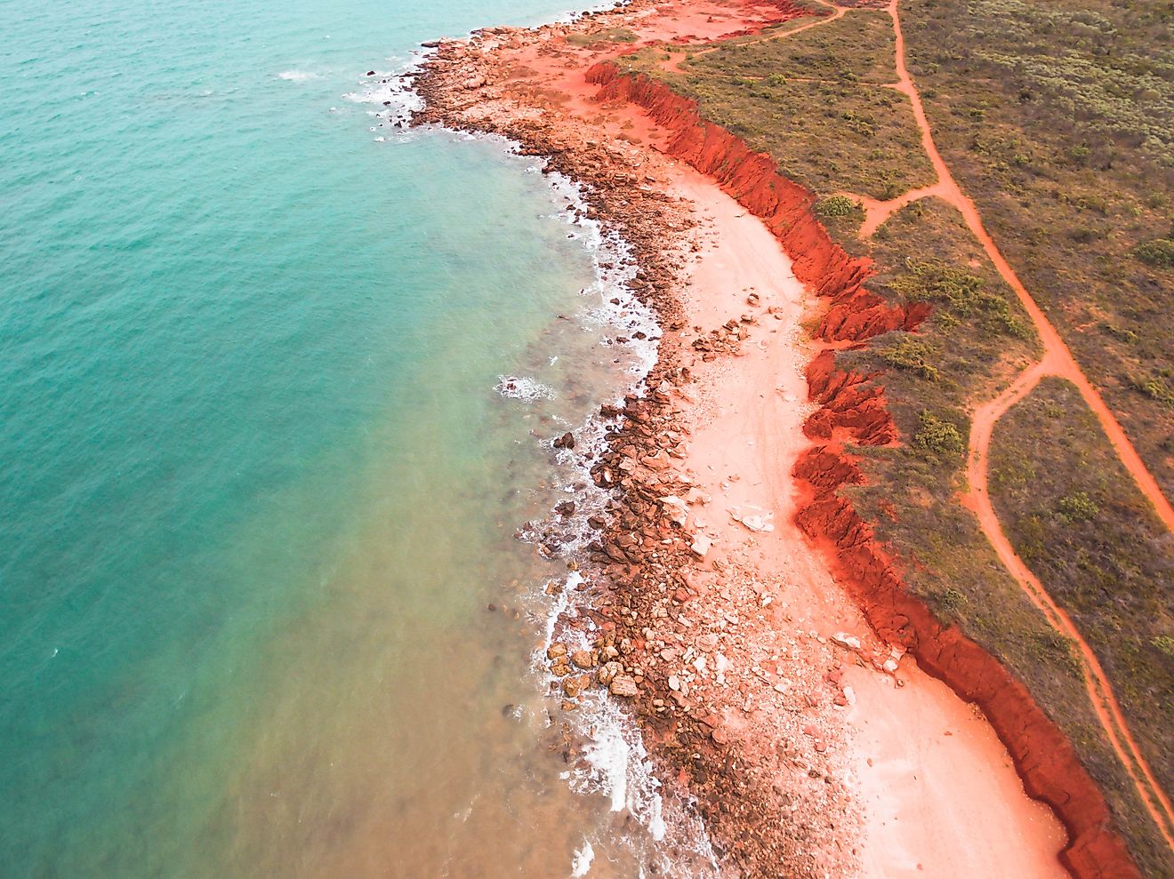 An aerial view of the rugged coastline at Reddell Beach in Broome, Western Australia.