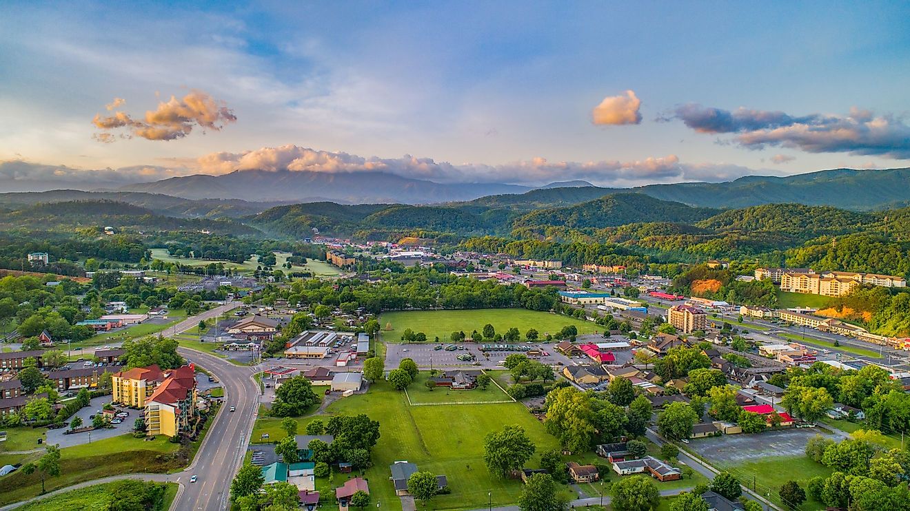 Aerial view of Pigeon Forge and Sevierville in Tennessee. 