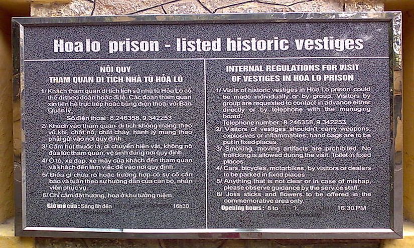 A sign at the Hỏa Lò Prison museum in Hanoi lists rules for visitors in both Vietnamese and English