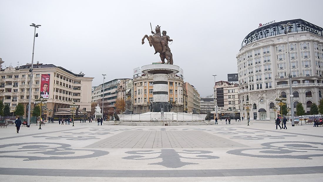  Vapcarov Street, in the city centre of Skopje, the biggest city in Macedonia. Editorial credit: Authentic travel / Shutterstock.com.