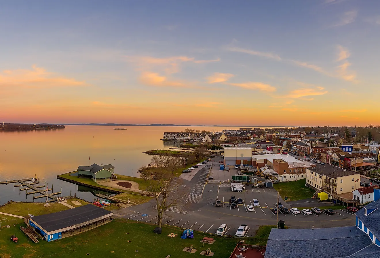 Aerial view of Havre de Grace, Maryland at sunset. 