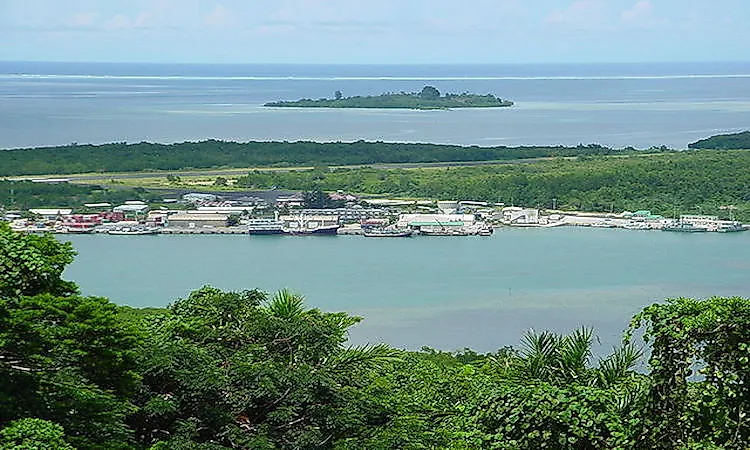 The Pohnpei International Airport Runway and Pohnpei Seaport in Micronesia, as viewed from Sokehs Ridge