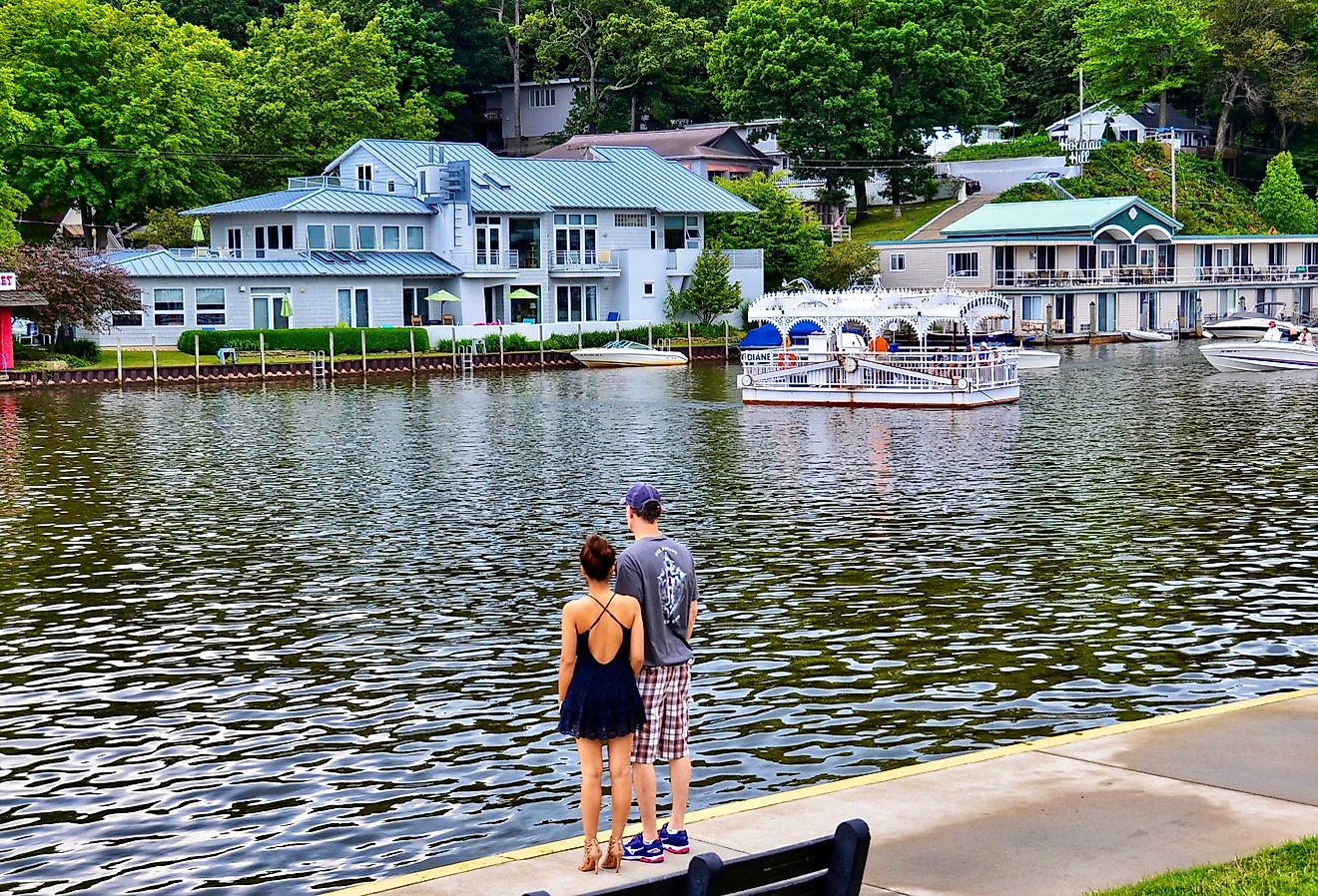 Waterfront buildings near the entrance to the Oval Beach on Lake Michigan, Saugatuck, Michigan. Image credit PQK via Shutterstock