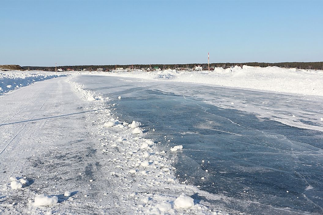 An ice road over the frozen Ob River in Siberia, Russia.