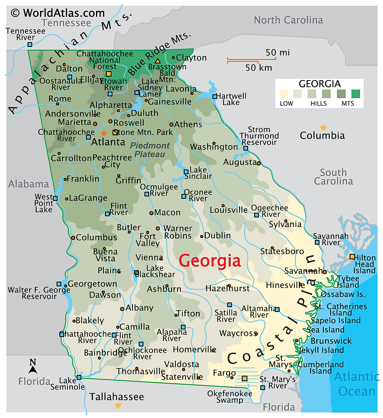 Mapa Físico de Georgia. Muestra las características físicas de Georgia, incluidas sus cadenas montañosas, ríos y lagos.