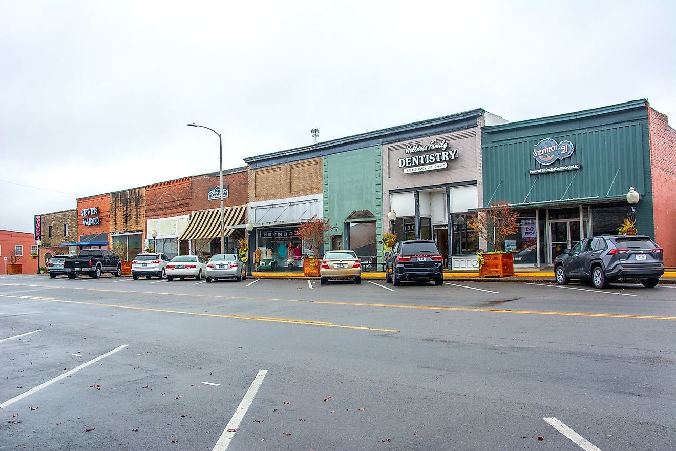 Historic storefronts in downtown Hohenwald, Tennessee.