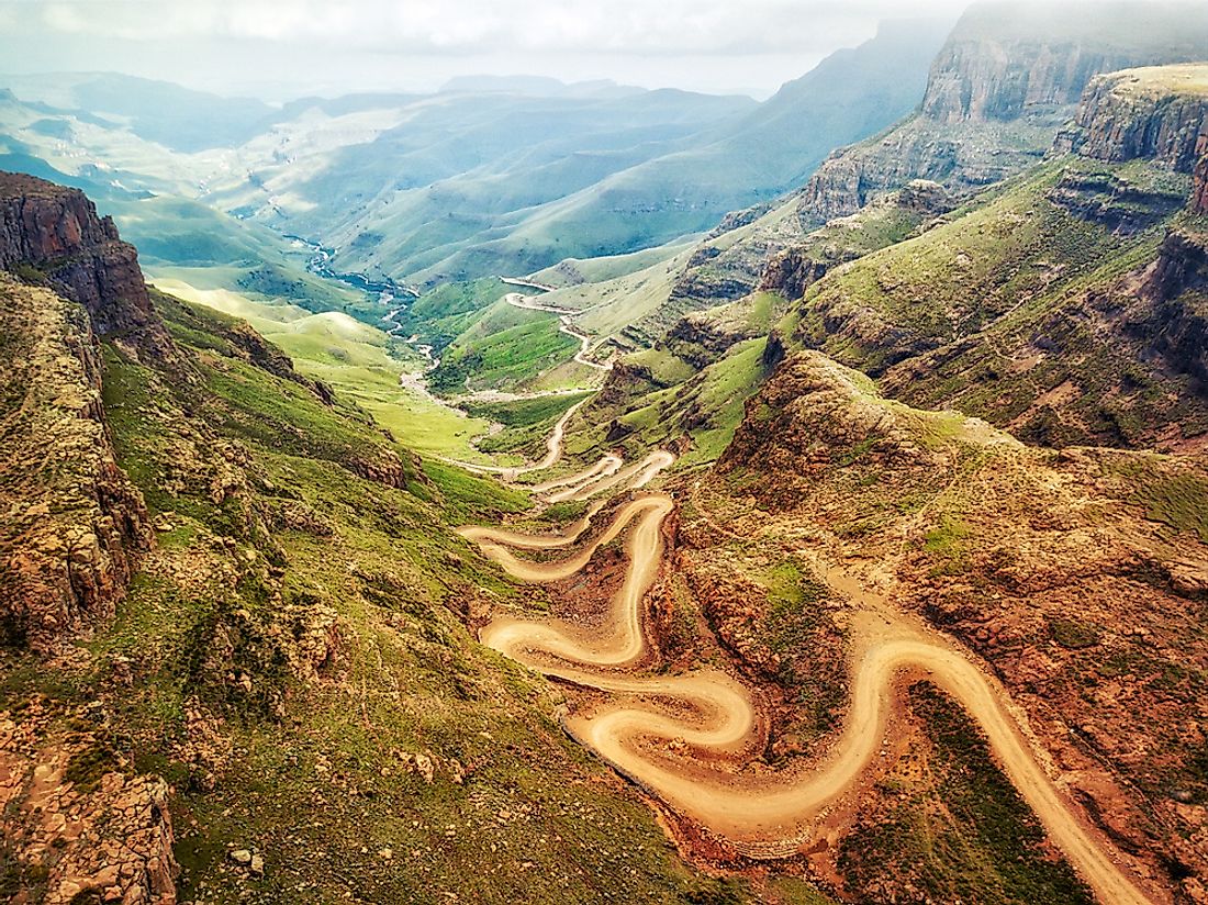 The Sani Pass connects Mokhotlong, Lesotho and Underberg, South Africa through the Drakensberg Mountains.