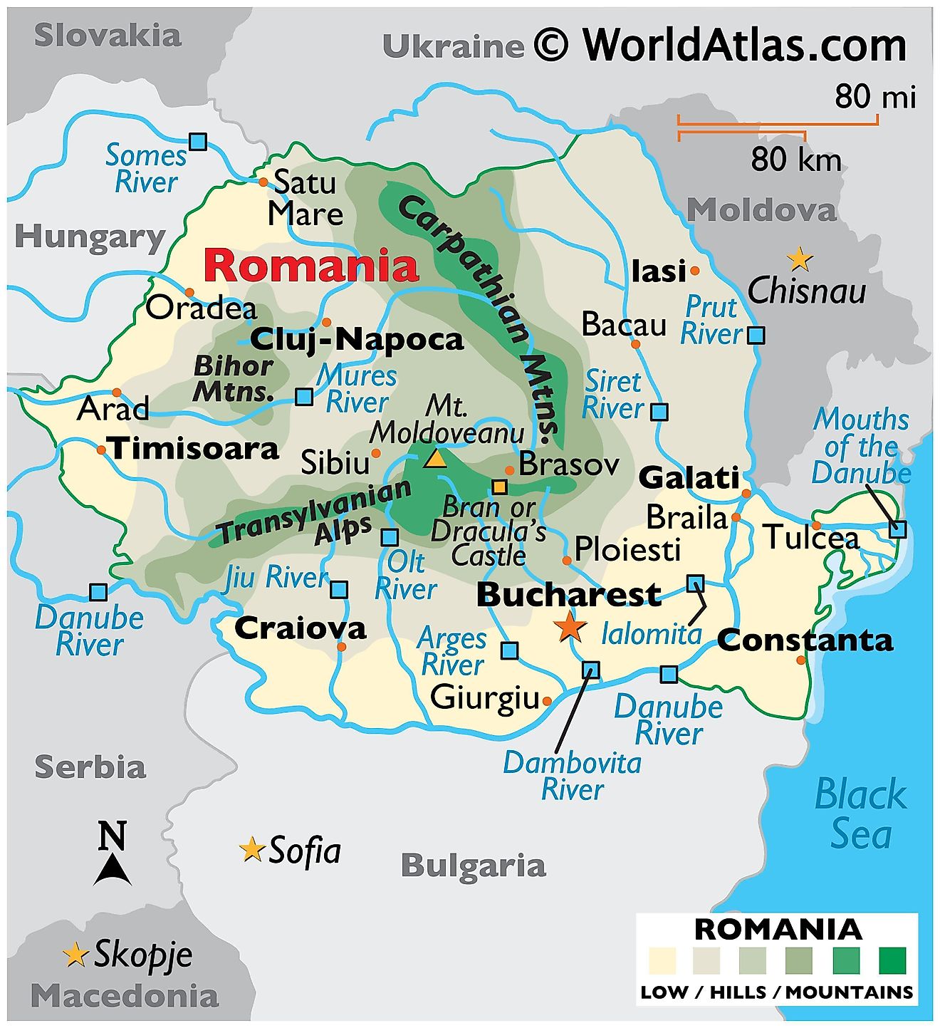 Physical Map of Romania showing relief, international boundaries, major rivers, mountain ranges, extreme points, important cities, etc.