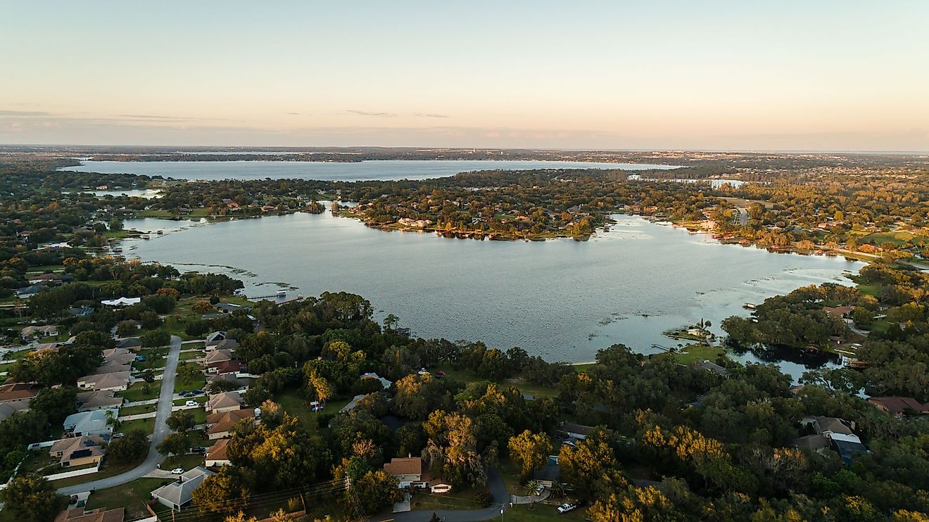 Drone view of the beautiful Crescent Lake of the Clermont Chain of Lakes. Editorial credit: Noah Densmore / Shutterstock.com