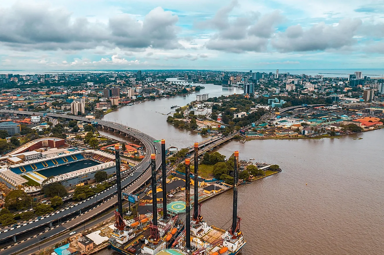 An aerial view of Lagos city waterside roads and buildings.