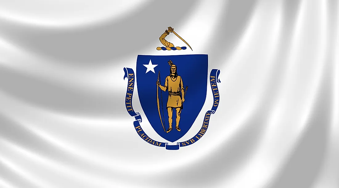 The Massachusetts state flag features the state coat of arms.