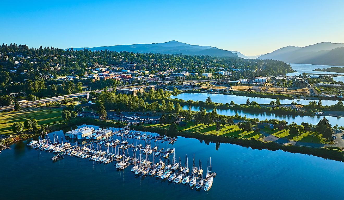 Aerial view of the marina in Hood River, Oregon.