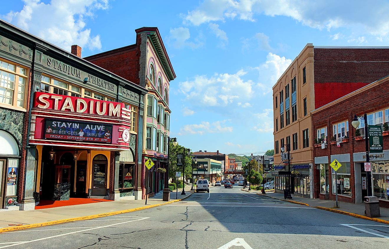 Daytime view of the historic Stadium Theatre along Main Street in downtown Woonsocket via DenisTangneyJr / iStock.com