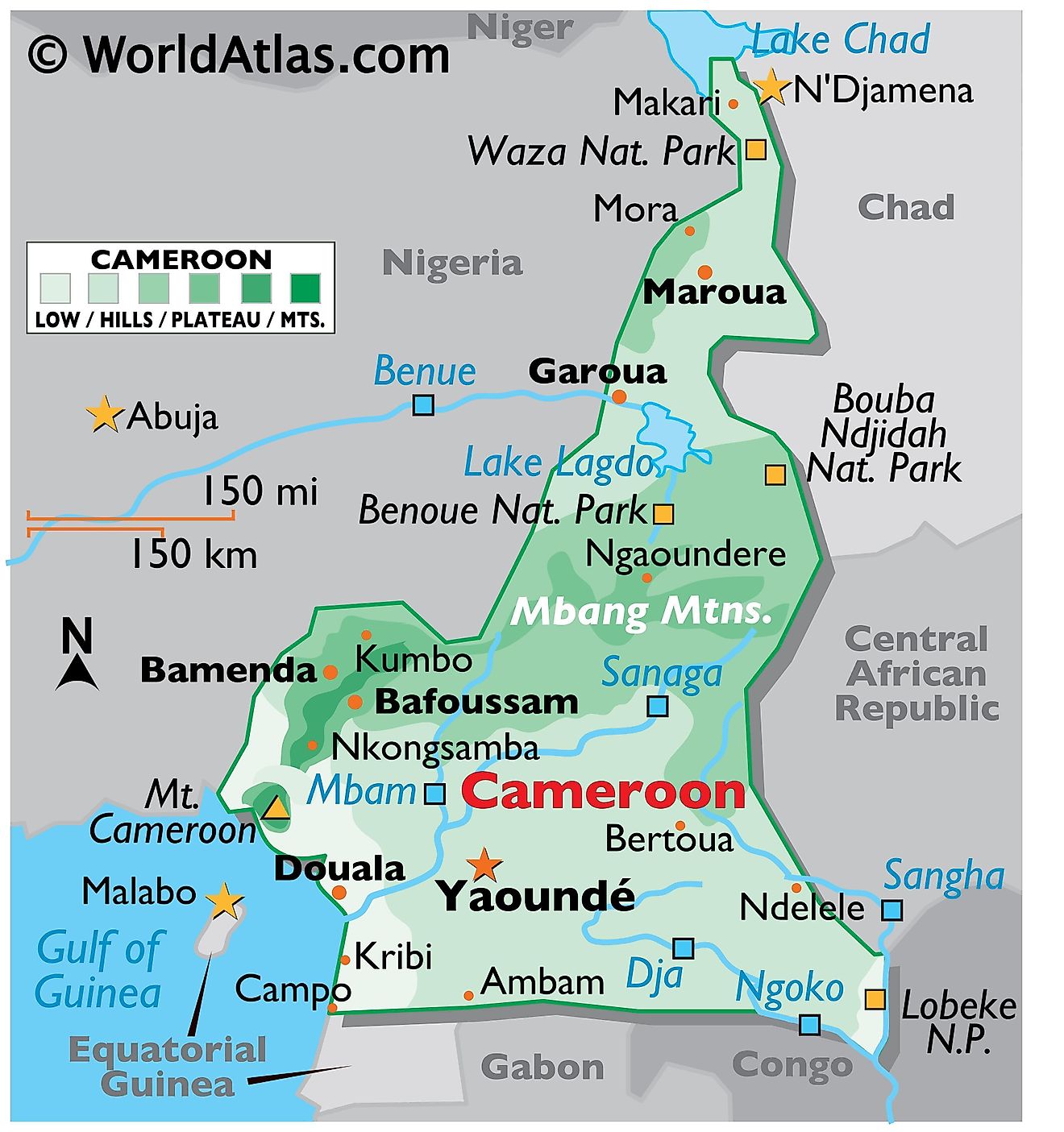 Mapa físico de Camerún con límites estatales. El mapa muestra las características físicas importantes como el relieve, los puntos extremos, los principales ríos, lagos, parques nacionales y ciudades.
