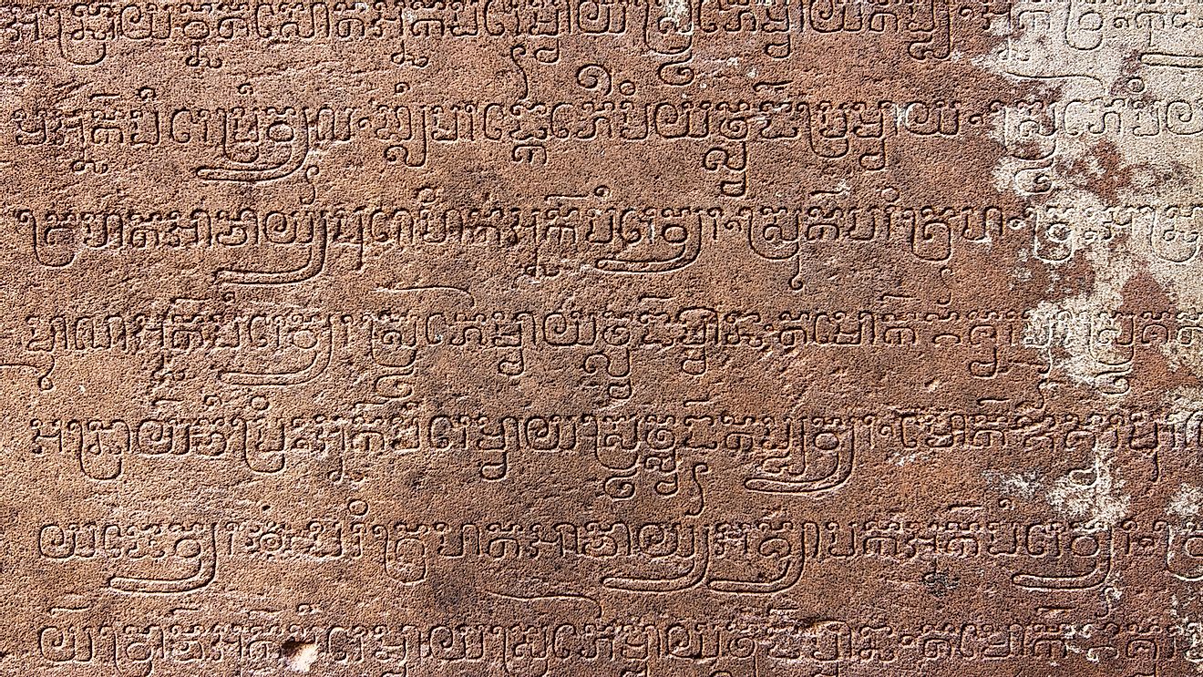 Ancient Sanskrit religious inscriptions on temple walls Banteay Srey (Xth Century)