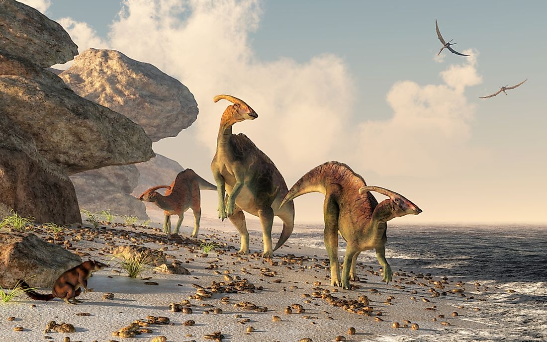 A 3D rendering of dinosaurs. 