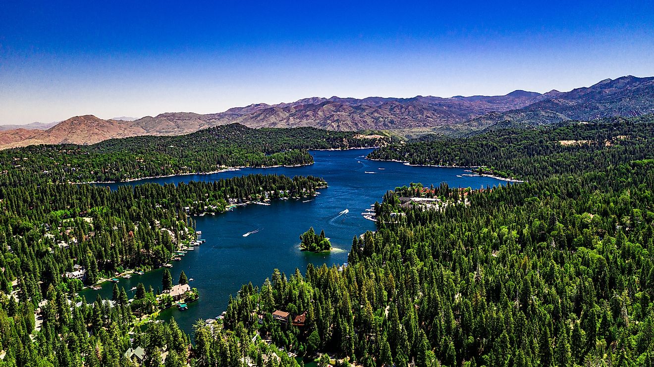 Aerial, drone panorama of Lake Arrowhead in the San Bernardino Mountains.