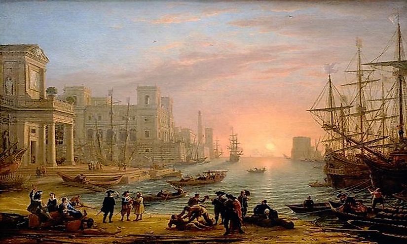 An imaginary seaport painted by Claude Lorrain around 1639, at the height of mercantilism.