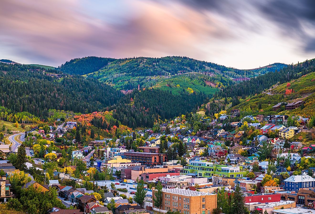 Aerial view of Park City, Utah, USA, downtown in autumn at dusk.