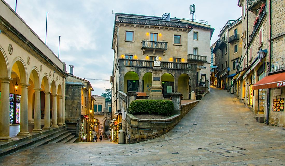 Historical center of San Marino city on the slopes of Monte Titano.  Editorial credit: trabantos / Shutterstock.com