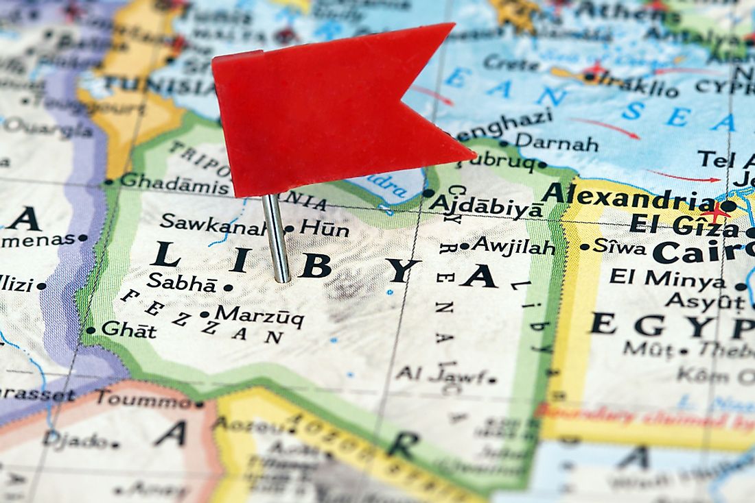 A map showing Libya's location as well as its bordering countries. 