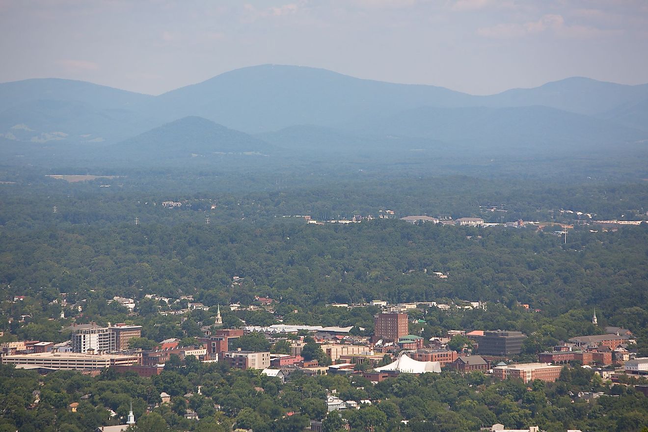 Aerial view of Charlottesville, Virginia. Editorial credit: jack looney photography / Shutterstock.com